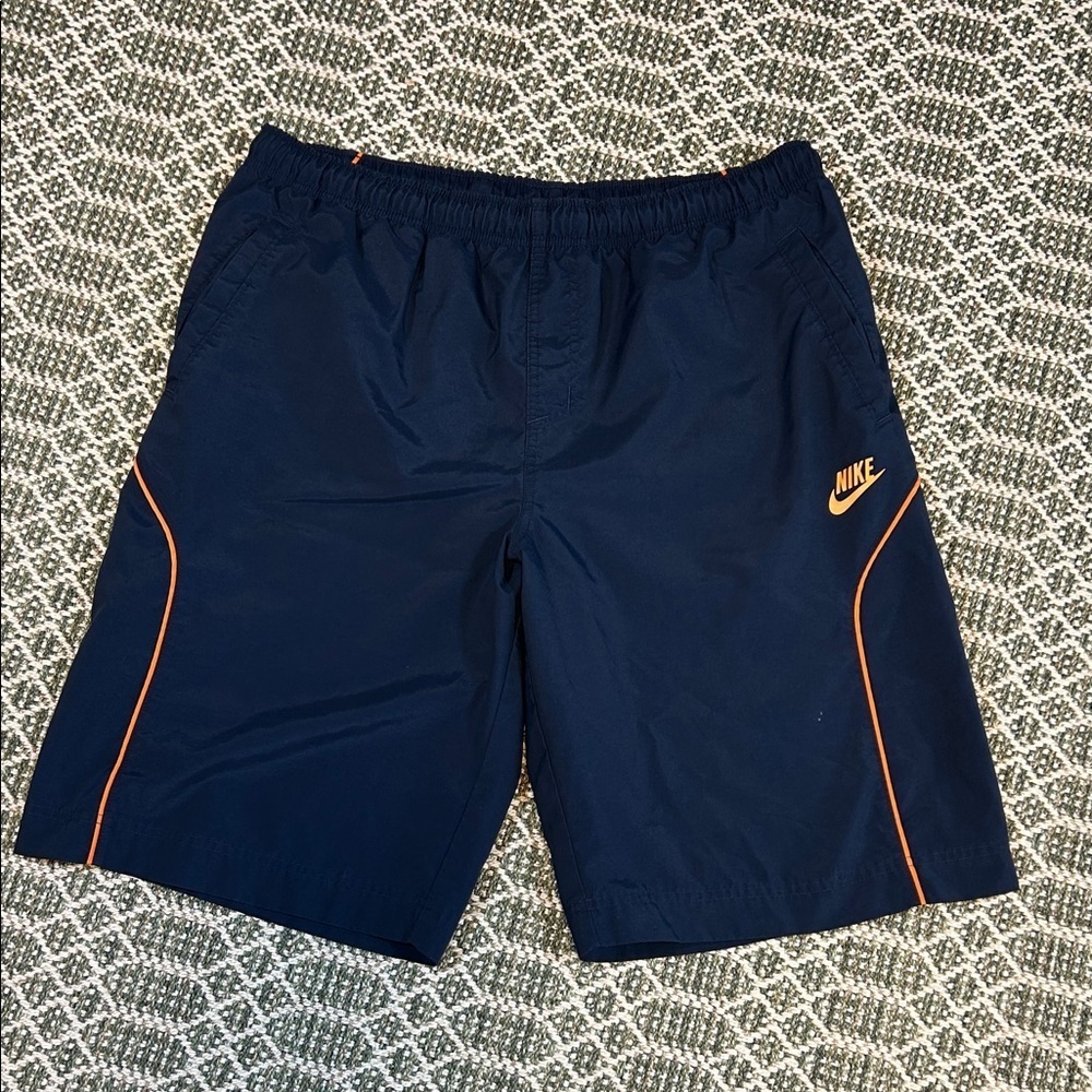 Vintage‎ Nike Swim Shorts Men’s L Navy Blue Orange Trim 11.5” Inseam Mesh Lined